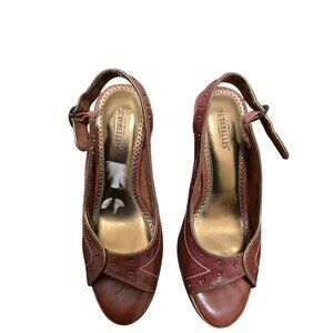 Seychelles Brown Studded Leather High Heel Sandals Size 6.5 Adjustable Strap